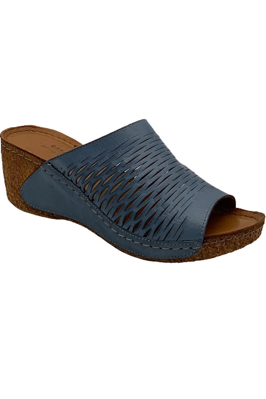 Spring Step Leather Slip-On Wedge Sandals Cunacena Blue - Medium